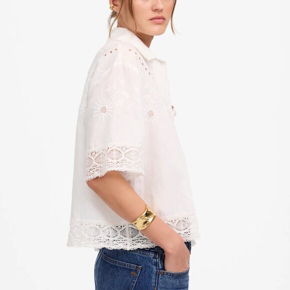 Madewell Embroidered Floral Linen Lace Button Up Shirt White Size XS NWT - Picture 3 of 8